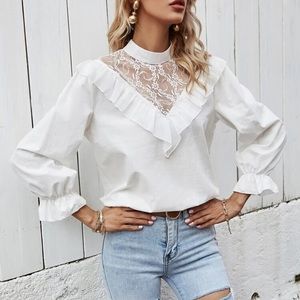 Lace Ruffle Trim Flounce Sleeve White blouse🤍🤍🤍